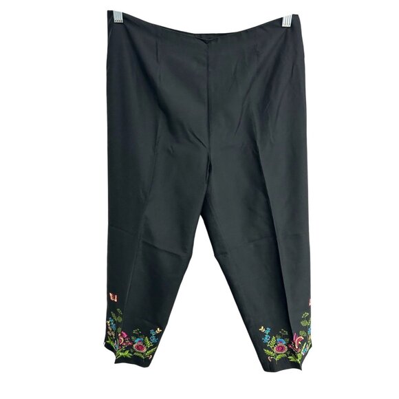 Allison Taylor Womens Black Capris Pants Floral Embroidered Hem Silk Blend Sz 10 - Picture 1 of 9